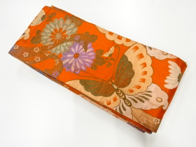 アンティーク　蝶に菊模様織出し半幅帯（材料）